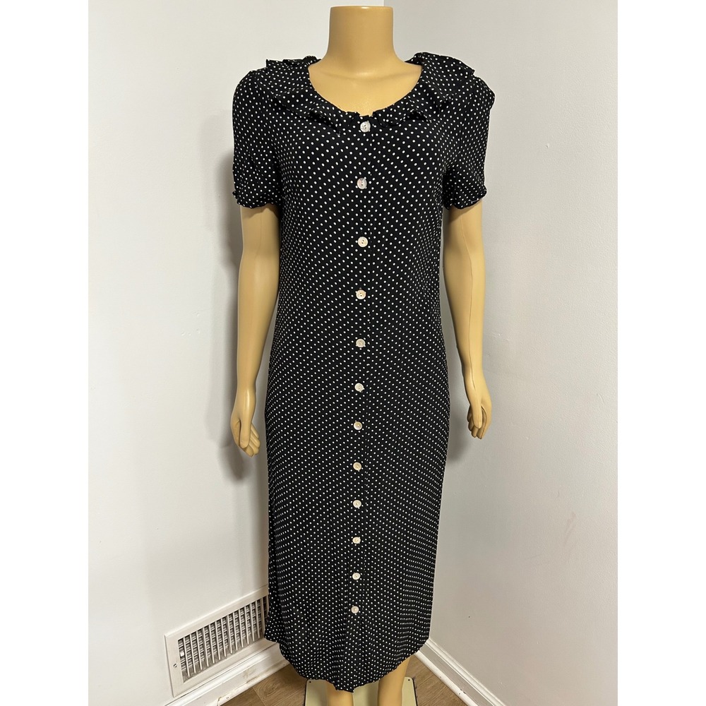 Maggy London Black White Polka Dot Ruffle Collar Button Front Midi Dress Sz 12